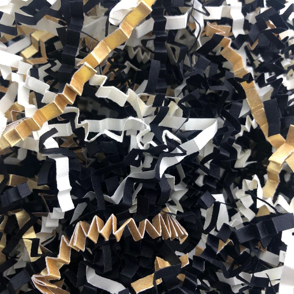 ShredAstic ® Shredded Paper Crinkle Cut Zig Zag BLACK IVORY GOLD Mix gifts baskets hampers crafts (100 grams)
