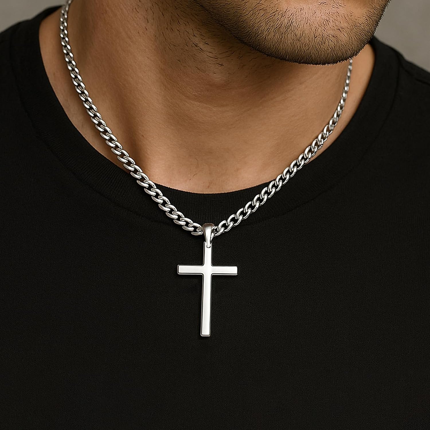 925 Sterling Silver Cross Necklace for Men Women, 5mm Stainless Steel Diamond-Cut Cuban Link Curb Chain