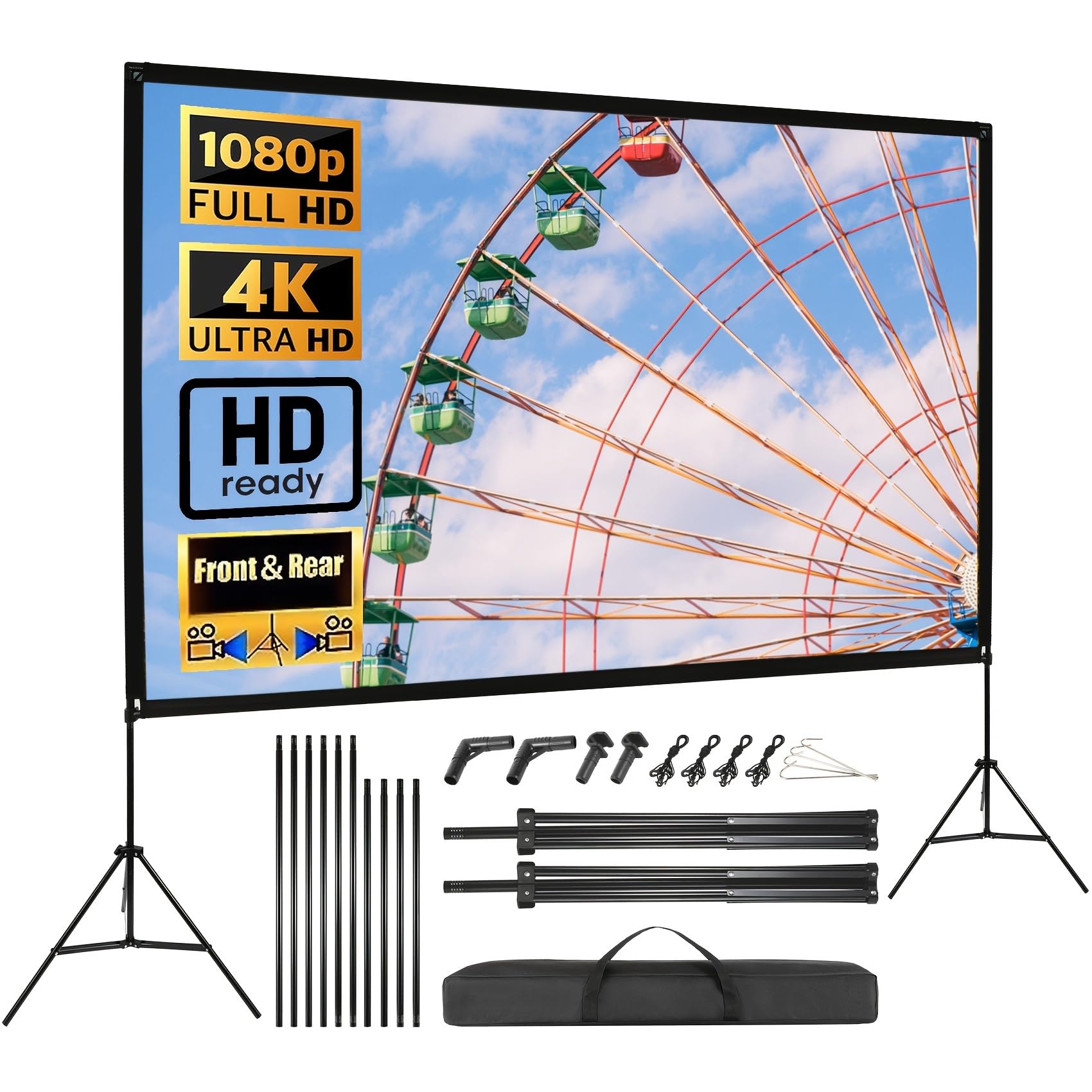 Pantalla de proyección de 120 pulgadas con trípode, pantalla de proyección portátil 4K 16:9, ligera y compacta, de llevar, ideal para cine en casa, películas de interior/exterior