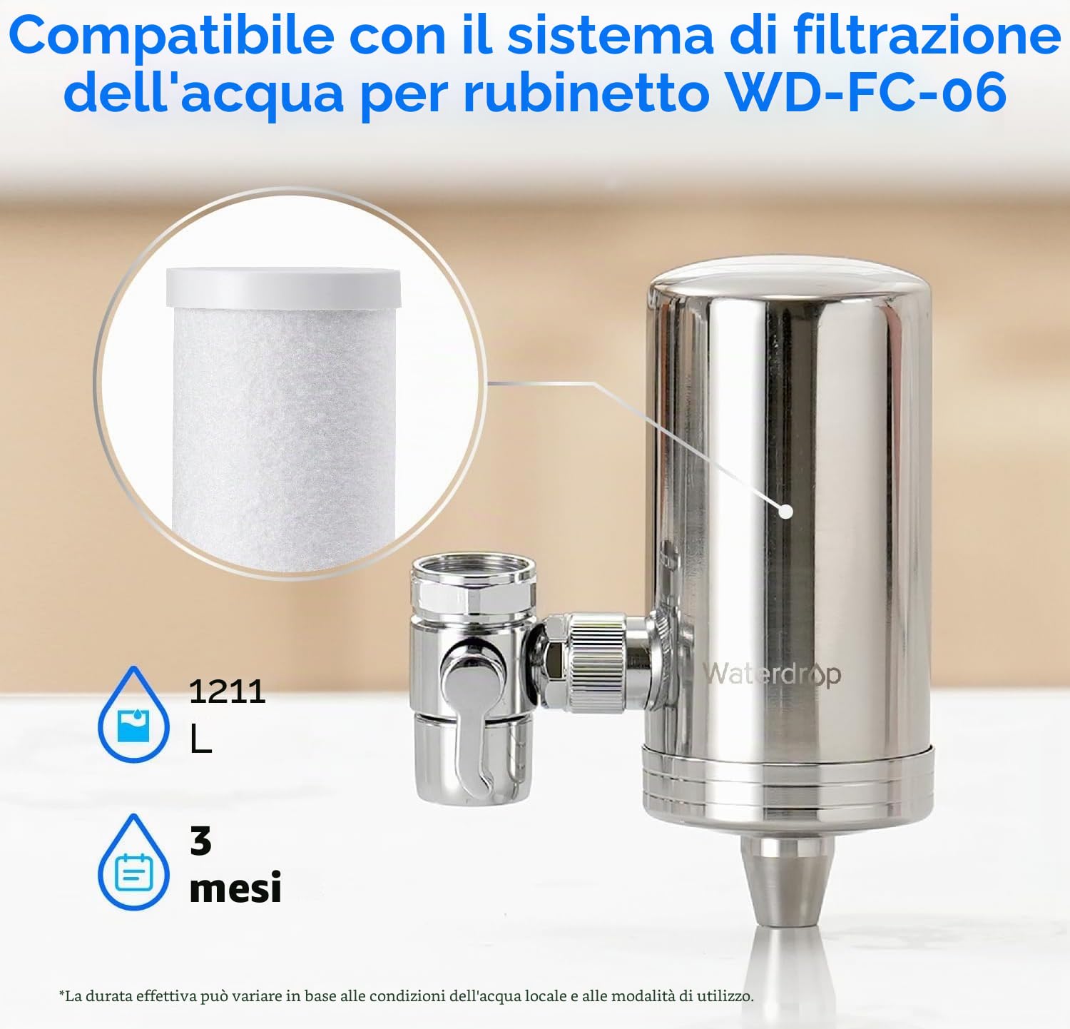 Waterdrop WD-FF-03A Filtro Sostitutivo per Rubinetto WD-FC-06, Riduce del 94,42% Cloro, Cattivo Sapore e Altro, Dura Fino a 9 Mesi (Confezione da 3)