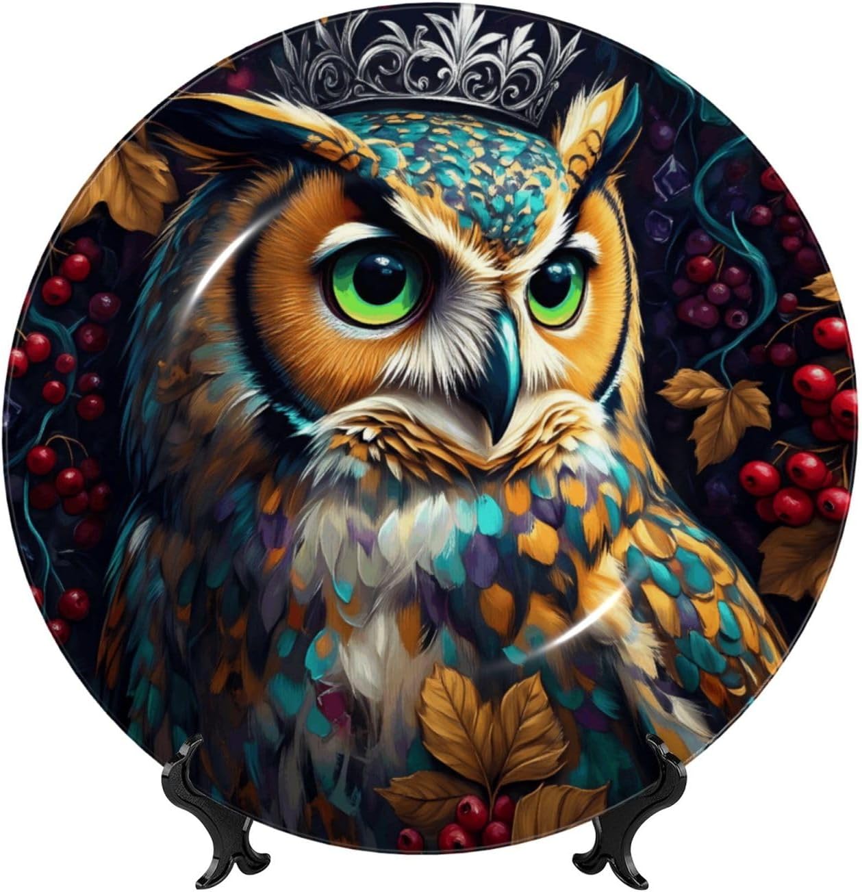Crown Owl Style Ceramic Plate Display Decorative Plate With Stand Wall Hanging Plate For Home Decor 10 Inch