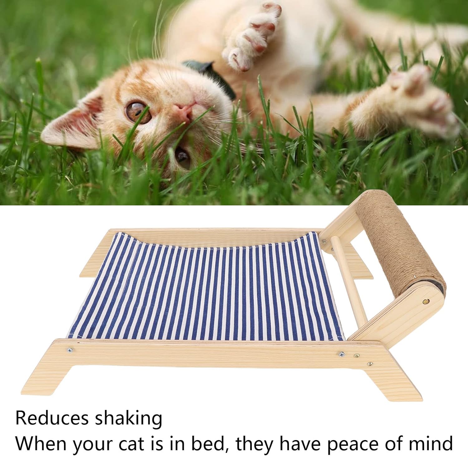 Cat Hammock Cat Bed Prevent Shaking Wooden Frame Swing Chair Kitten Raised Bed with Scratcher for All Seasons (Beach Sisal Roller Bed)