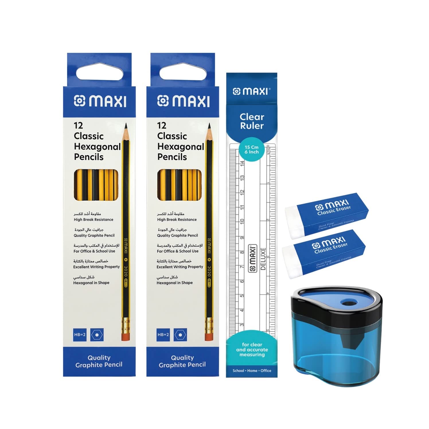 Maxi Hexagonal Black Lead Pencil 12X2Pkt+Plastic Clear Ruler 15Cm+Single Hole Barrel Sharpener + Classic Eraser-2Pcs