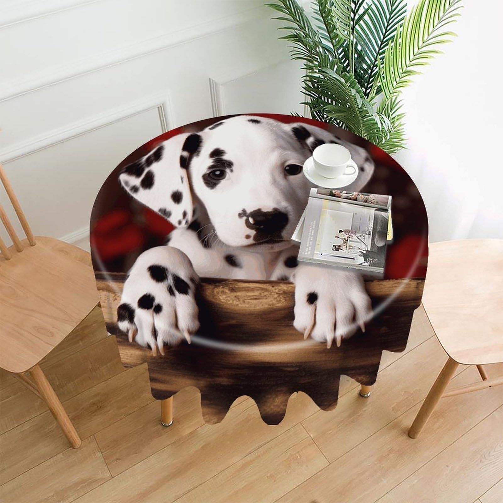 Dalmatian Puppy Tablecloth Exquisite Wrinkle-Free Straight-Edge Round Table Cloth Anti-Fading Premium Polyester Tablecloth Waterproof Folding Table Cloths for Tables Decor