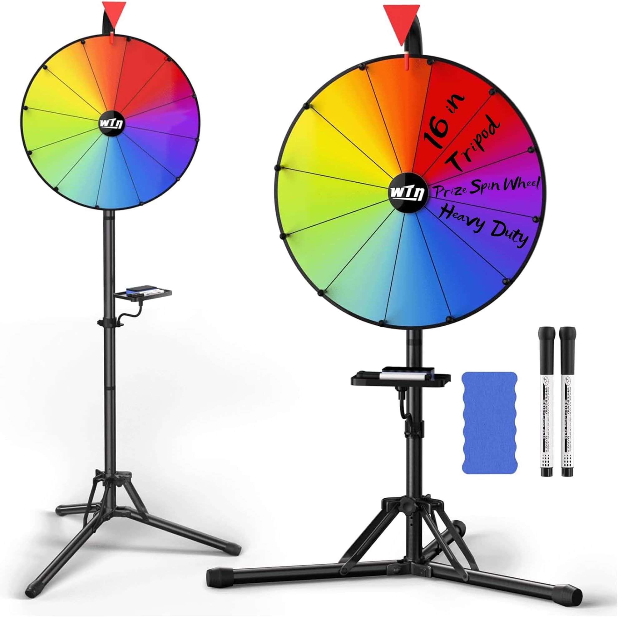 16-inch Prize Wheel Spinner with Stable Tripod Stand, Adjustable Height 36"-64" Spinning Wheel of Fortune, Dry Erase 12 Slots for Trade Shows, Parties & Events