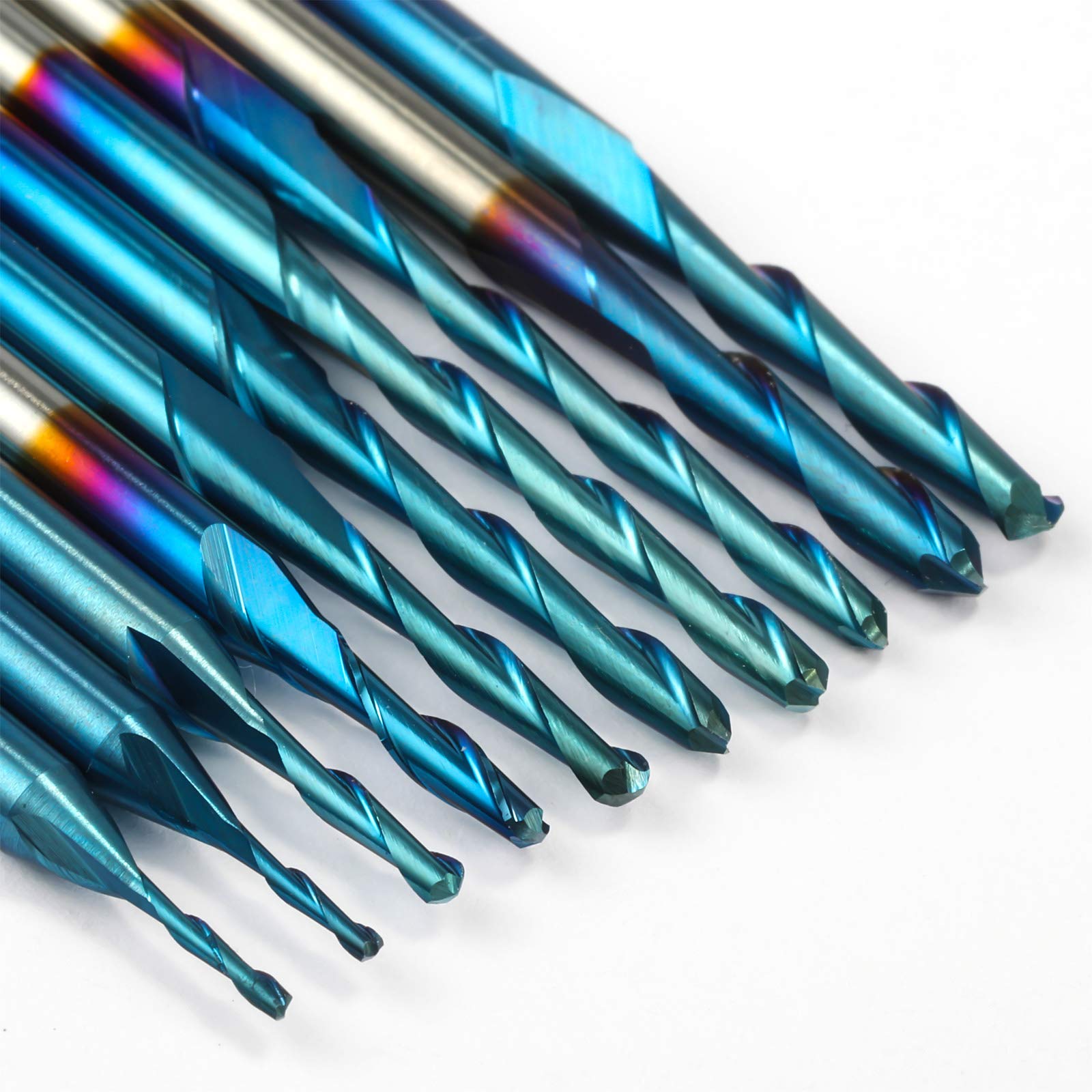 Genmitsu 10 Stück 2-flöte Nano Blue Coat Kugelnase Spiralfräser, 1/8 Zoll Schaft, 0,8 mm - 2,5 mm Schnittdurchmesser, CNC-Frässtifte für Holzbearbeitung, Acryl, MDF, PVC, ABS, BN10A
