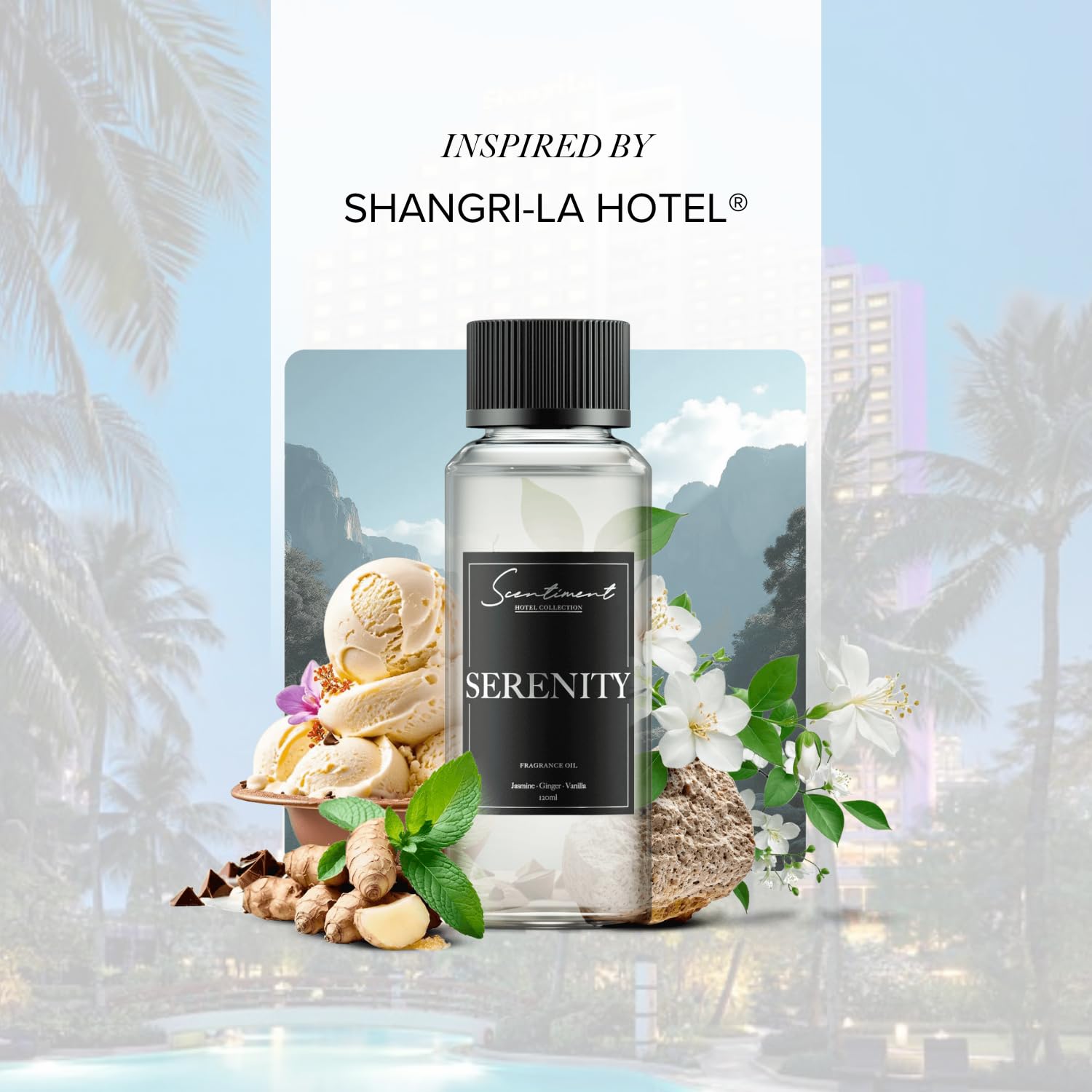 Scentiment - Serenity Hotel Diffuser Oil | Aromatherapy Home Fragrance | Inspired by Shangri-La Hotel® | Luxurious Scent with Notes of Jasmine, Ginger, Vanilla (120 mL)