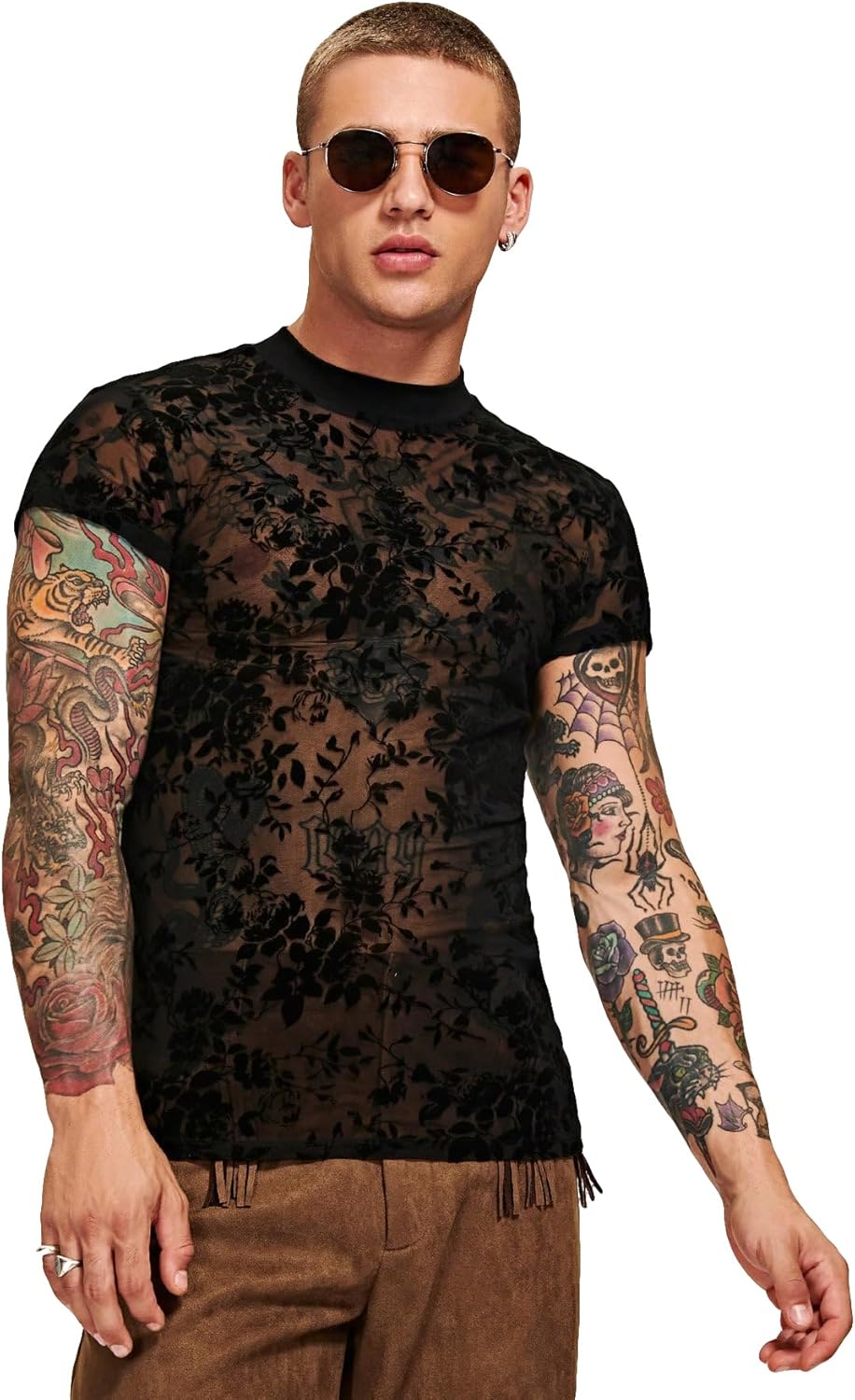 WDIRARA Men's Floral Print Mesh Sheer Stand Collar T Shirt Short Sleeve Slim Fit Tee Top