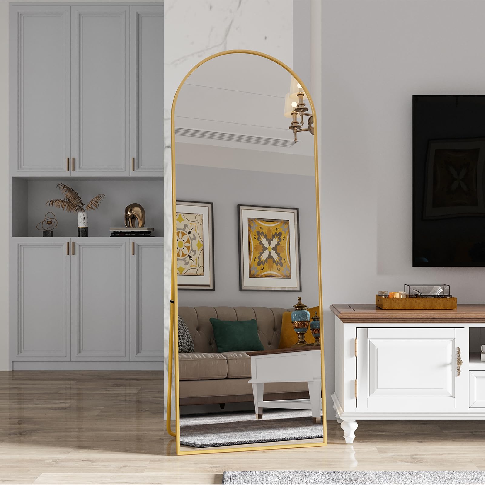 Specchio Curvo 162x53 cm, Minimalista con Piedi, Grande Specchio da Terra a Figura Intera, Bombato e Sospeso, Ellittico, per Camera da Letto Soggiorno Ingresso, Dorato
