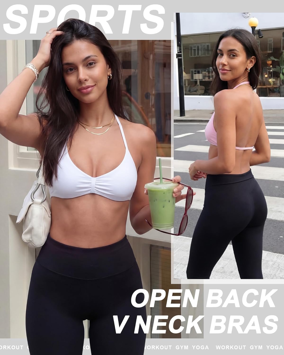 Coume Womens 3 Pack Halter Sports Bras Padded Impact Strappy Bra Open Back V Neck Bras Workout Gym Yoga with Removable Cups