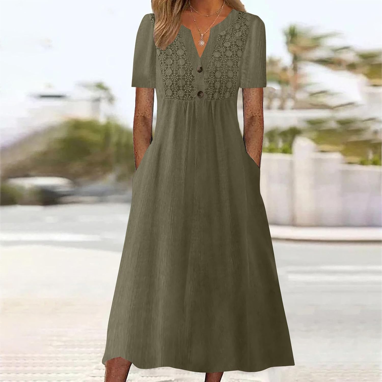 Mzkdieey Maxi Dresses for Women Short Sleeve V Neck Button Down T Shirt Dress Summer Casual Loose Beach Dress with Pockets