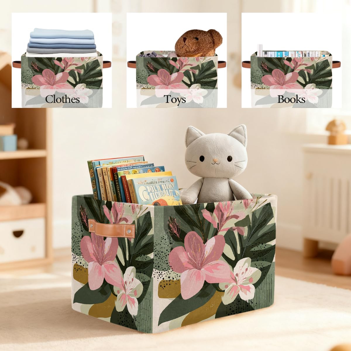 Abstrakte Kunst, rechteckiger Aufbewahrungskorb mit Ledergriffen, Hibiskuspalmenblätter, 2 Stück, faltbarer Stoff-Aufbewahrungskorb für Schrank, Badezimmer, Wohnzimmer, Büro, Spielzeug