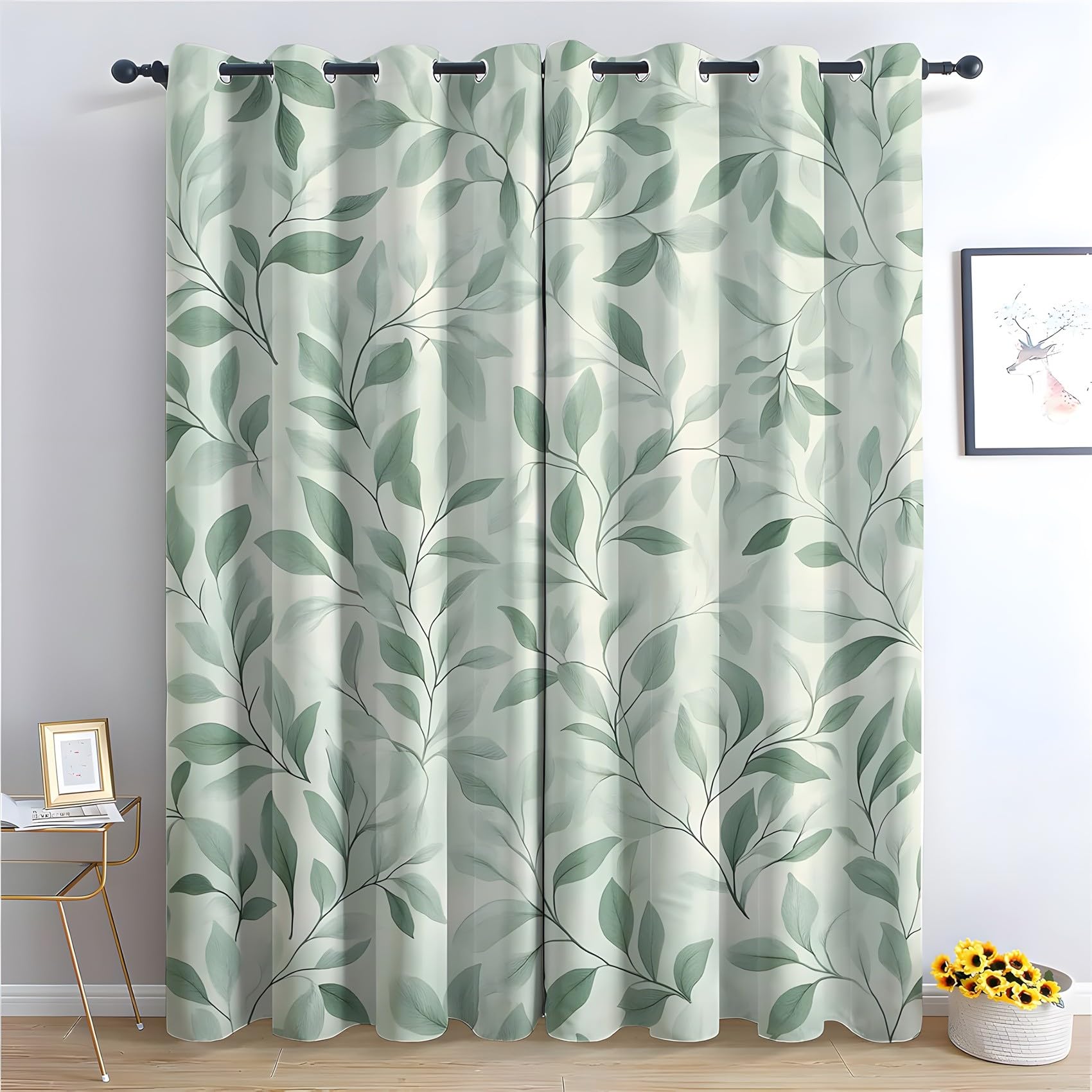 KaiHeBeding Green Leaves Blackout Curtains for Bedroom - Modern Botanicals Living Room Curtains 90x90 Eyelet - Soft Thermal Insulated Patterned Drapes for Windows - 2 Panels