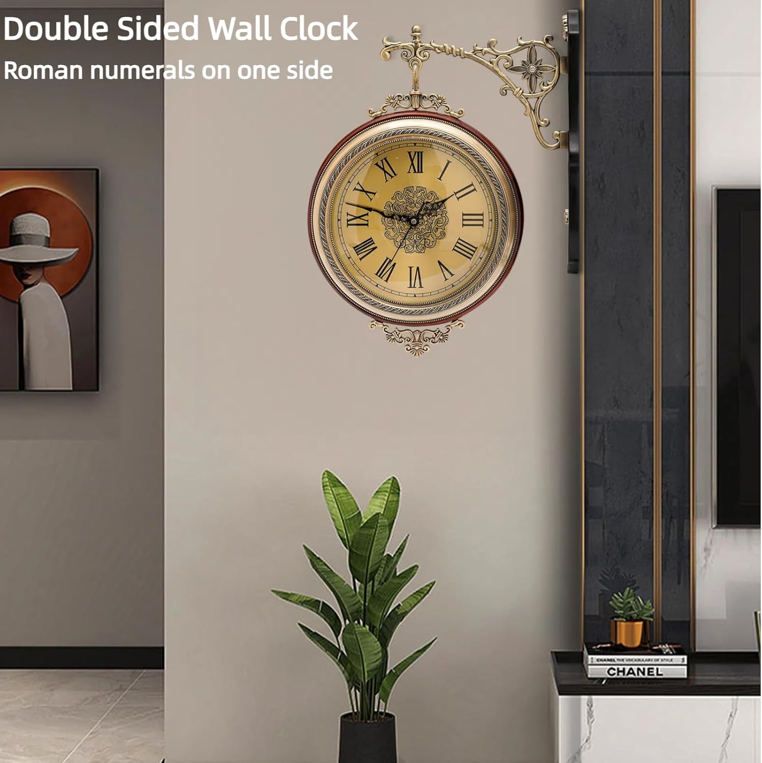 12 Inch Wall Clock Double Sided Hang Clock Brown Retro Round Wall Clock Vintage Wall-Mounted Clock with Silent Movement Wall Art Clock for Home Cafe Hotel