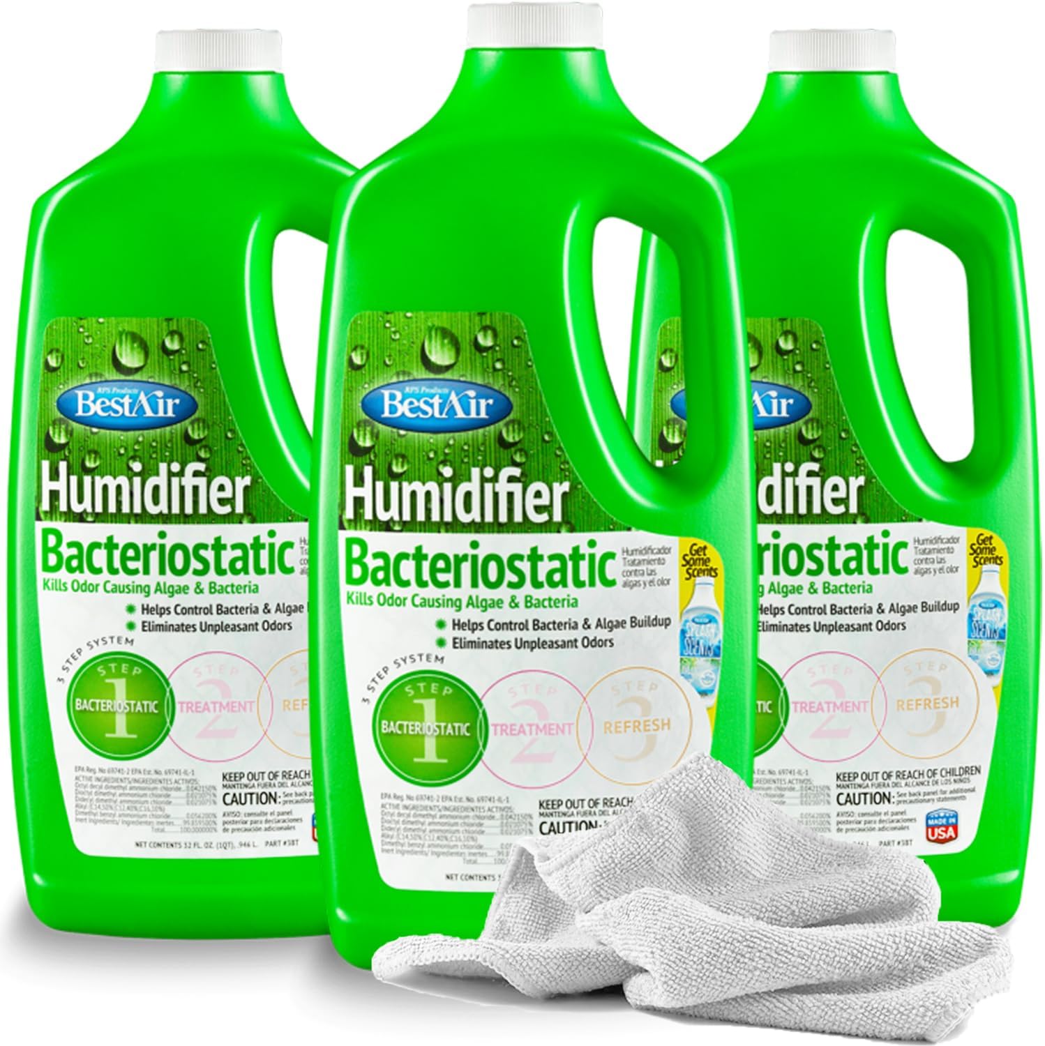 Towel + 3 Best Air 3BT Humidifier Bacteriostatic Water Treatment, 32oz | Eliminates Odor & Buildup + Increases Life of Home Humidifiers and Wick