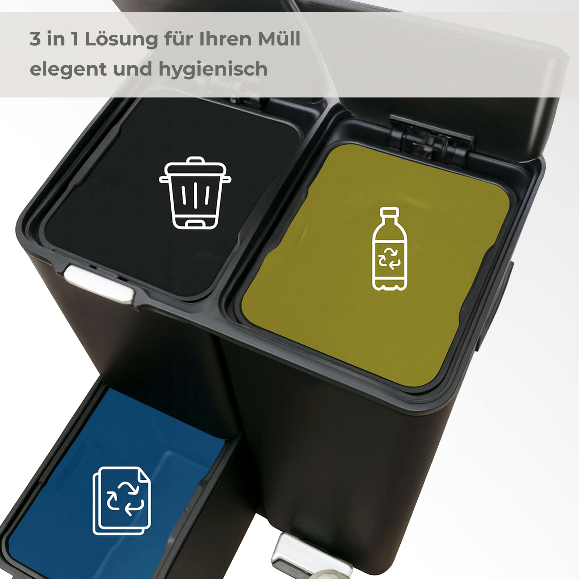osoltus Mülleimer Abfallsammler Softclose Edelstahl hoch (60 L (30 + 17 + 13 L) schwarz)