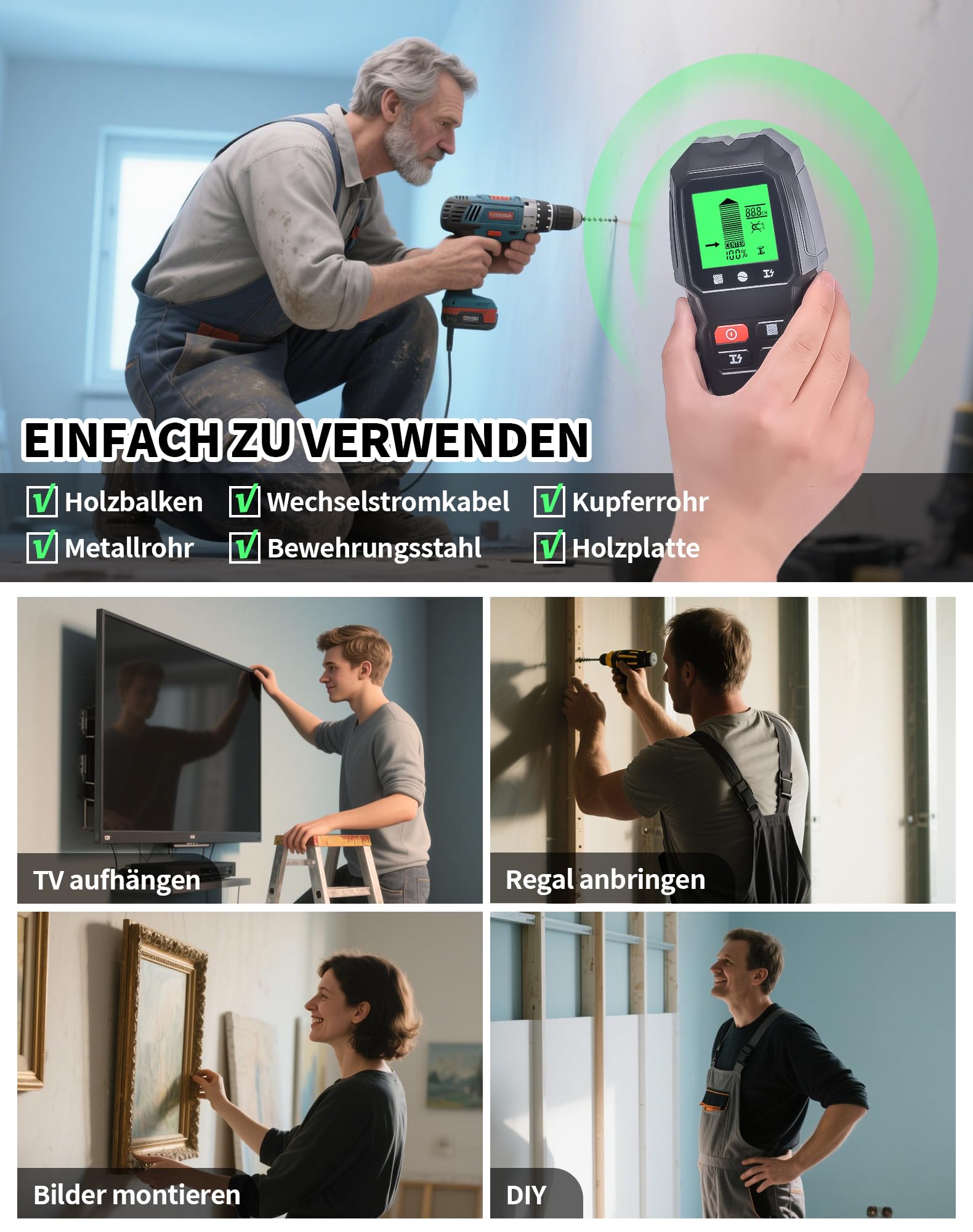 Detector, Sensor Electrónico 5 En 1, Escáner De Pared, Detector De Tubería Metálica – Con Pantalla LCD Y Alarma, Para Detectar Madera, Metales, Cables Eléctricos Y Objetos Magnéticos O No Magnéticos