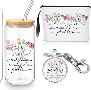 Paterr Secretary Appreciation Gift for Women 1 Glass Cup Tumbler with Lid and Straw 1 Travel Makeup Bag 1 Inspirational Keychain Thank You Gifts for Best Secretary Employee Office