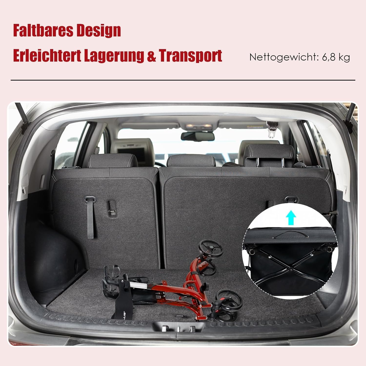 FANTASK Deambulatore pieghevole e leggero con sedile, sedia 2 in 1 e carrello da viaggio, regolabile in 6 posizioni