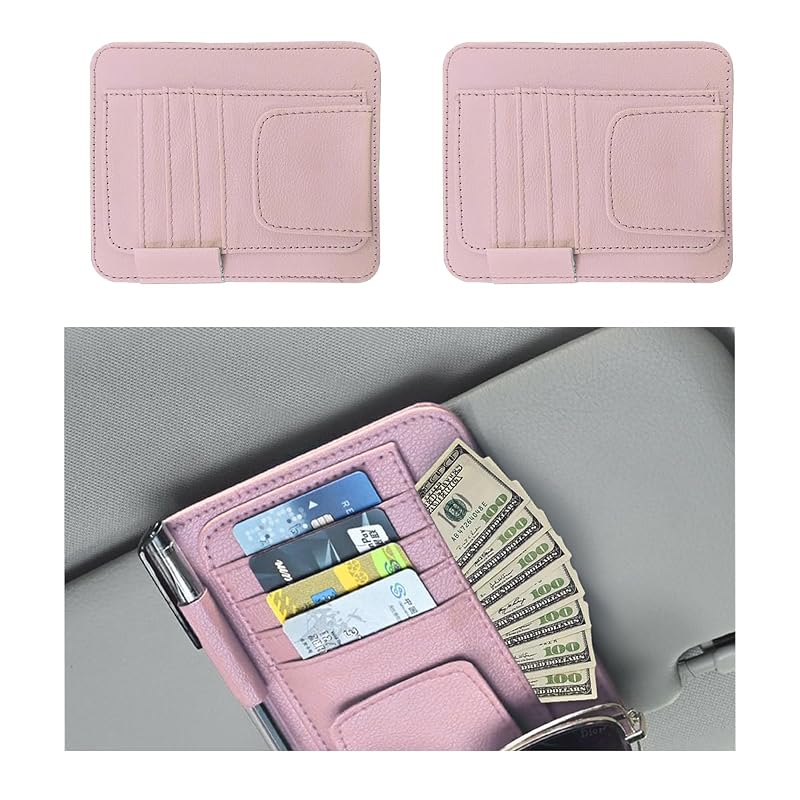 Organizador para Para-Sol de Carro Augeny em Couro PU Rosa com 4 Bolsos e Porta-Caneta Kit com 2 unidades