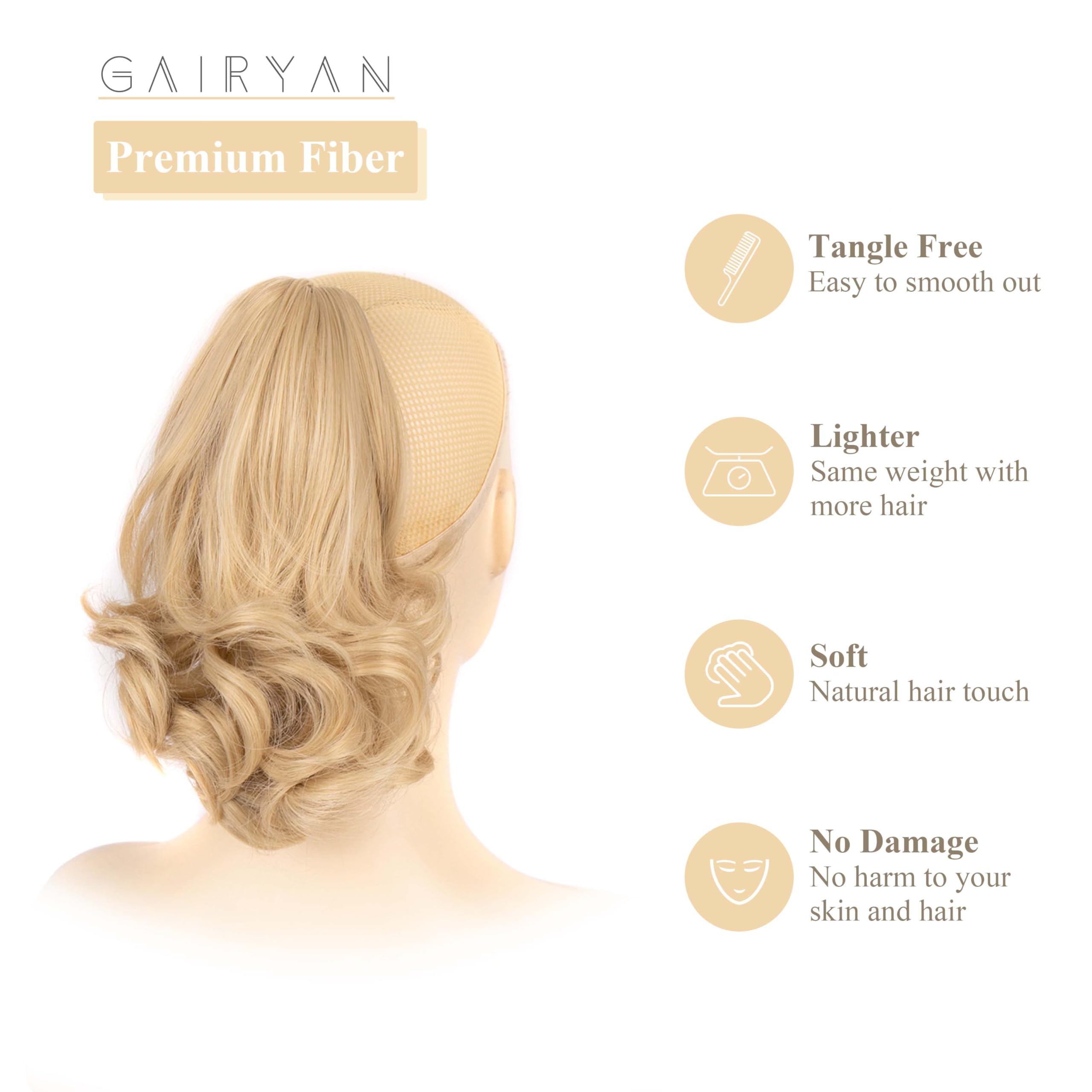 Gairyan 10" Clip in Ponytail Hair Extensions Curly Ponytail Extension Claw on Pony tails Wavy Synthetic Hairpieces for Women Real Natural Short Wave Ash Blonde mix Bleach Blonde - Image 3