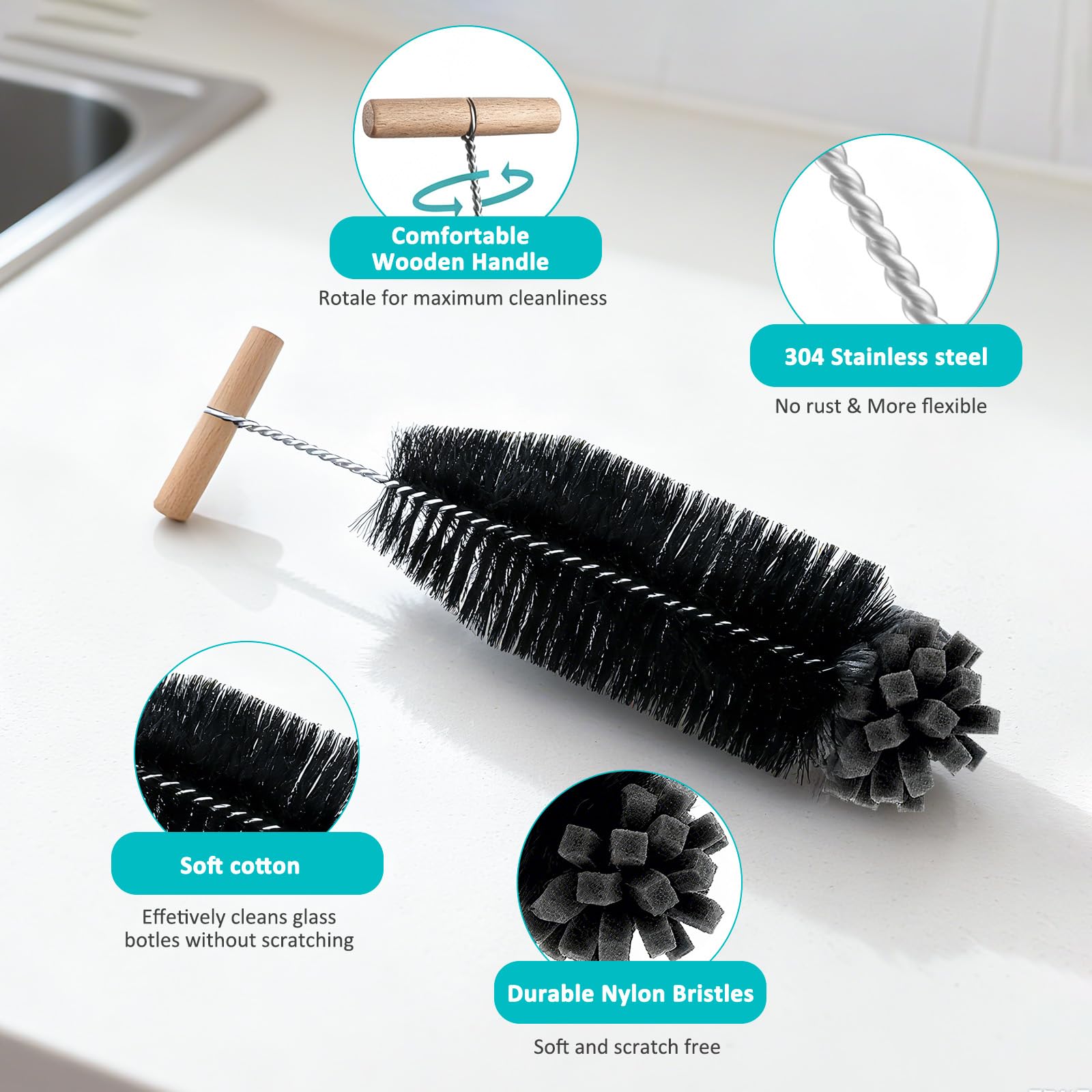 Bottle Brushes for Cleaning Scratch-Free Bottle Cleaner Brush with Wood Handle - Image 3