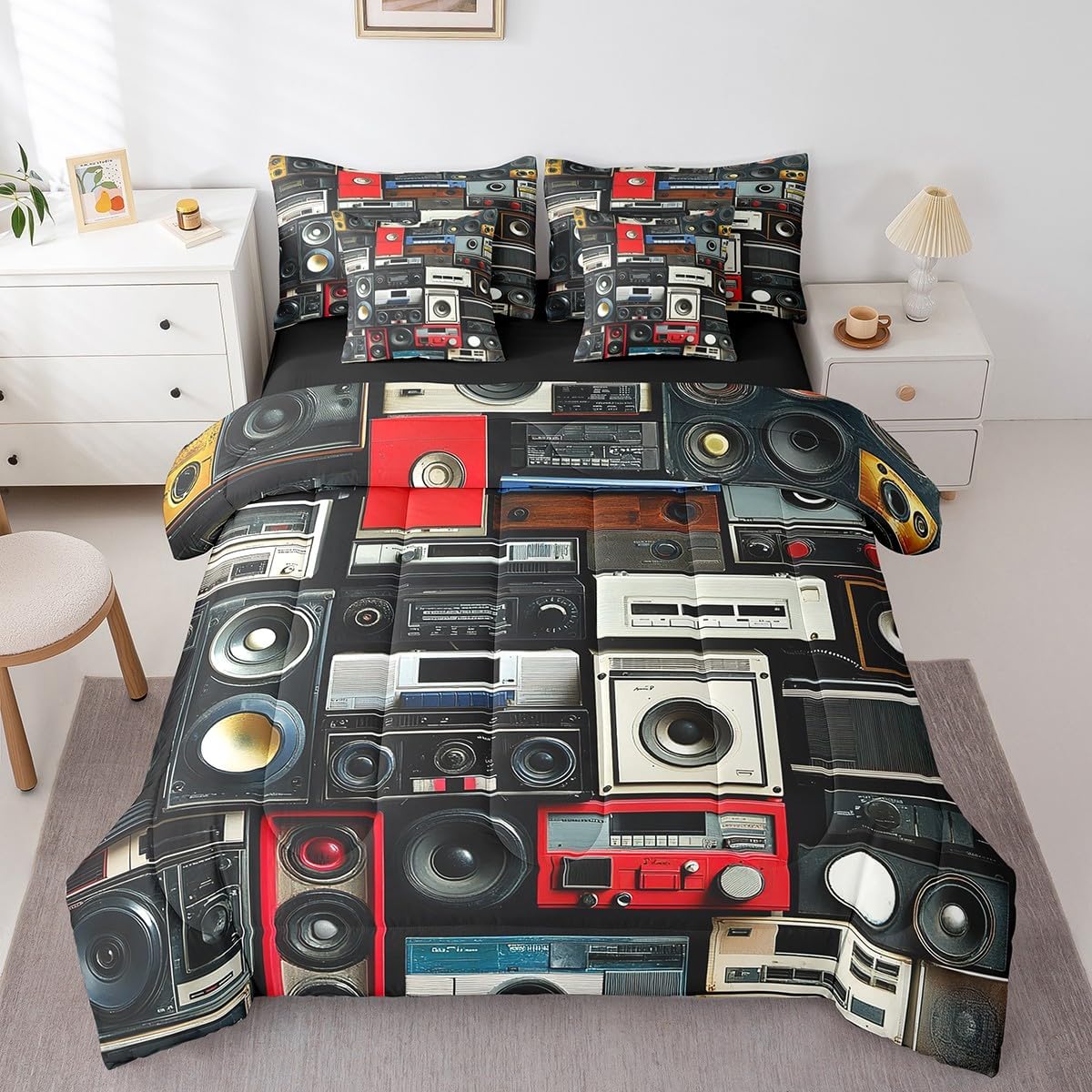 Erosebridal Retro Voice Box 7 Piece Comforter Set Full Bed in a Bag,80S 90S Bedding Sets Loudspeaker Box Sheet Set with Comforter,Vintage Mobile Music Box Musical Sound Machine Bed Set
