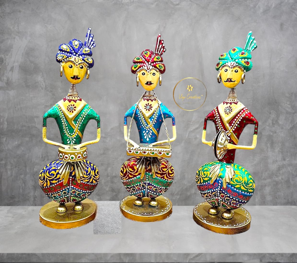 VIYU CREATIONS Iron Tribal Rajasthani Musician Dolls Decorative Gift Item Showpiece for Home Decor, 10x9x25 cm, Set of 3, Multi-Color