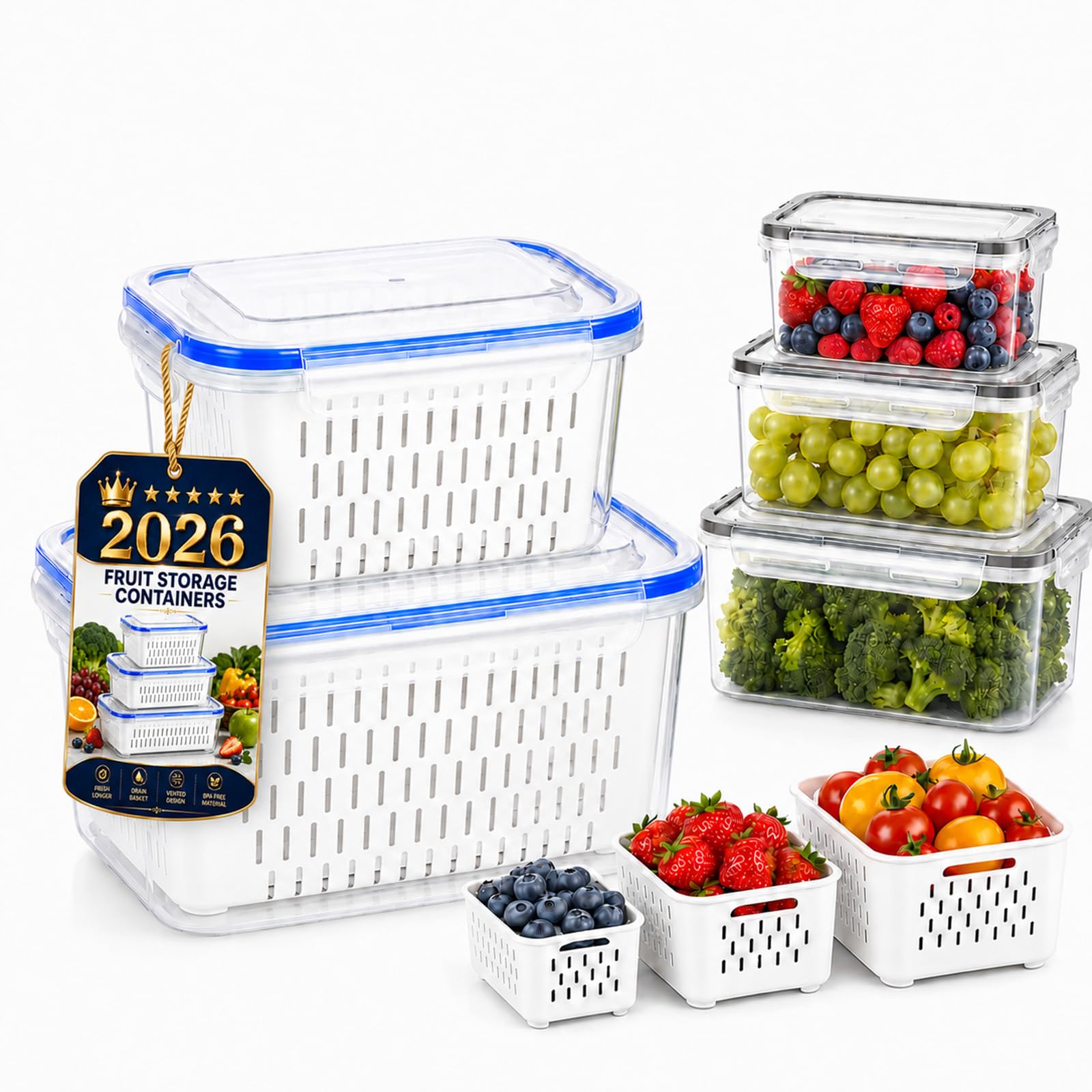 4-In-1 Fruit Strainer Container, Berry Storage Containers for Fridge with Removable Colander & Lid, Airtight Fresh Food Storage Containers with Drain Basket for Vegetable & Kitchen，Blue：S+M