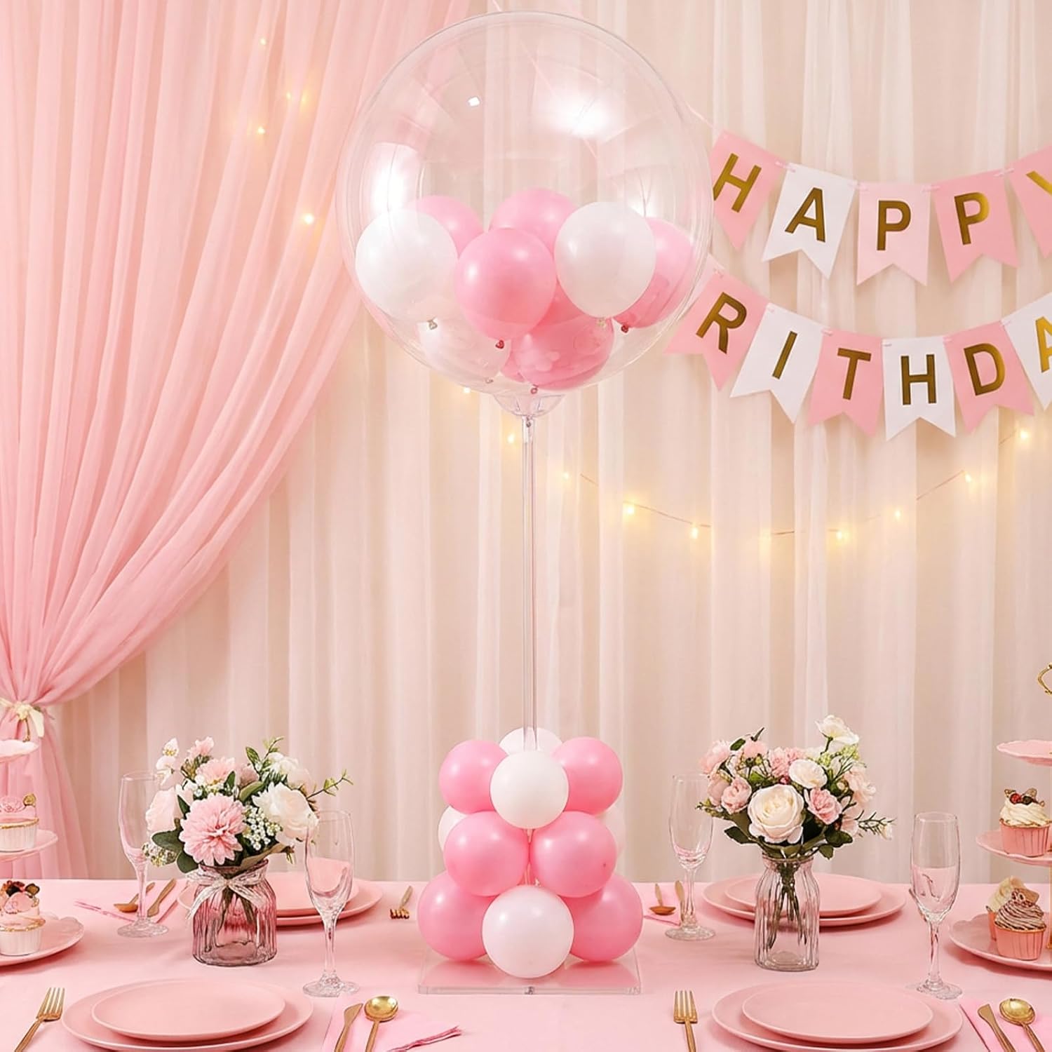 6 Pack Acrylic Balloon Stand Kit for Table Centerpieces Heavy Duty Balloon Centerpieces for Tables with Sticks, Bases, and Balloon Sizer Cube – Reusable Balloon Stands for Table Decor (16 inch, Clear)