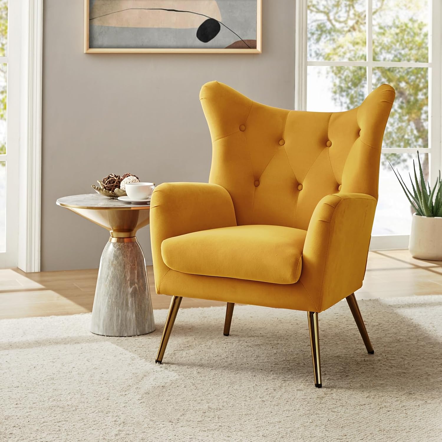 HULALA HOME Velvet Accent Chair, Modern Wingback Arm Chair with Metal Gold Legs, Velvet Tufted Upholstered Single Sofa Chair for Living Room Bedroom (Mustard)