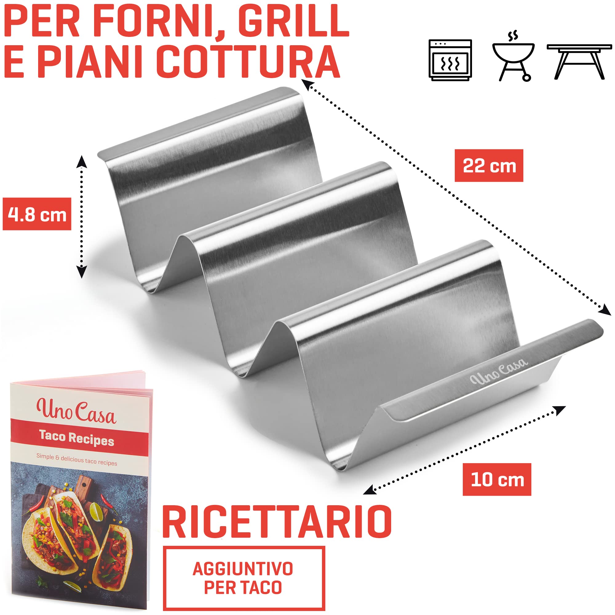 Uno Casa, set di porta tacos da 6 pezzi, porta tacos in metallo, supporto per tacos durevole per il Taco Tuesday o utilizzabile come stampino per realizzare i gusci dei tacos, Ebook con ricette