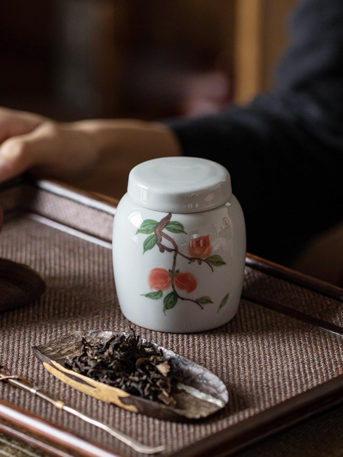 Hand-drawn Tea Caddy Ceramics, 160ml 5.4oz, Storage Tank Chinese Kung Fu Tea Set Accessories