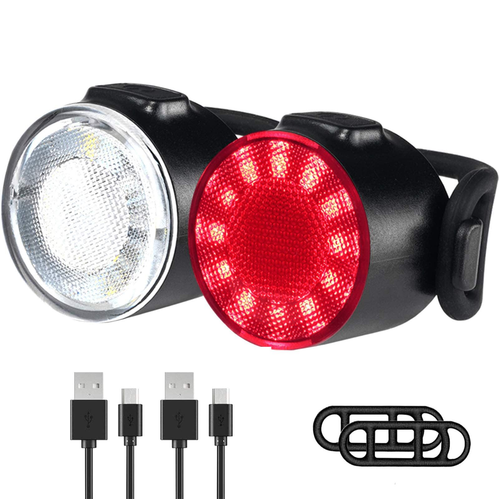 HBSTUDIO LED Bike Lights, USB Rechargeable 6 Brightness Modes Options Waterproof Bicycle Lights Set, Battery Powered Cycling Front and Rear Light Perfect for Mountain or Road Bike(white+red)