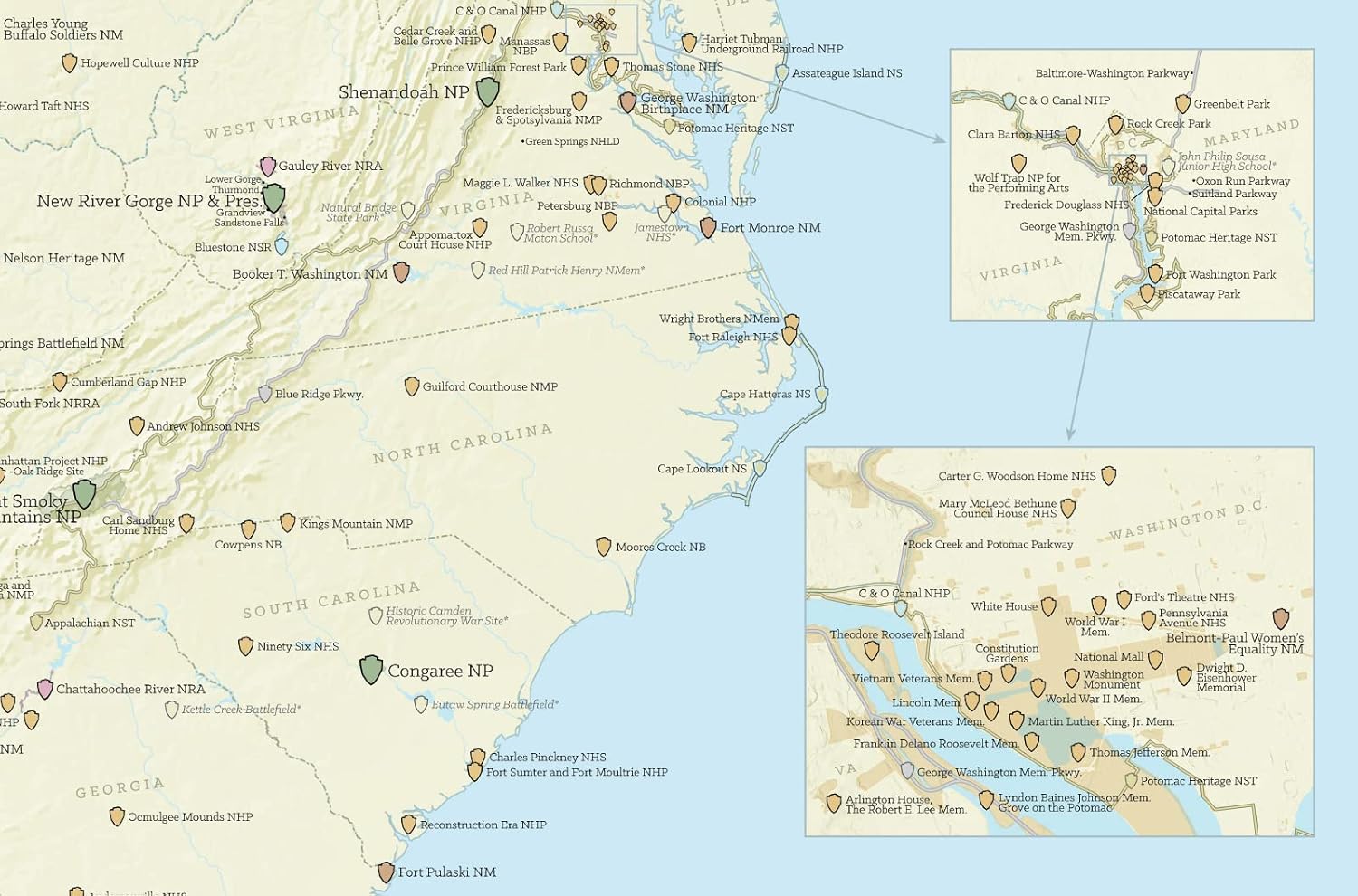 US National Park System Units Map 24x36 Poster (Beige & Light Blue)