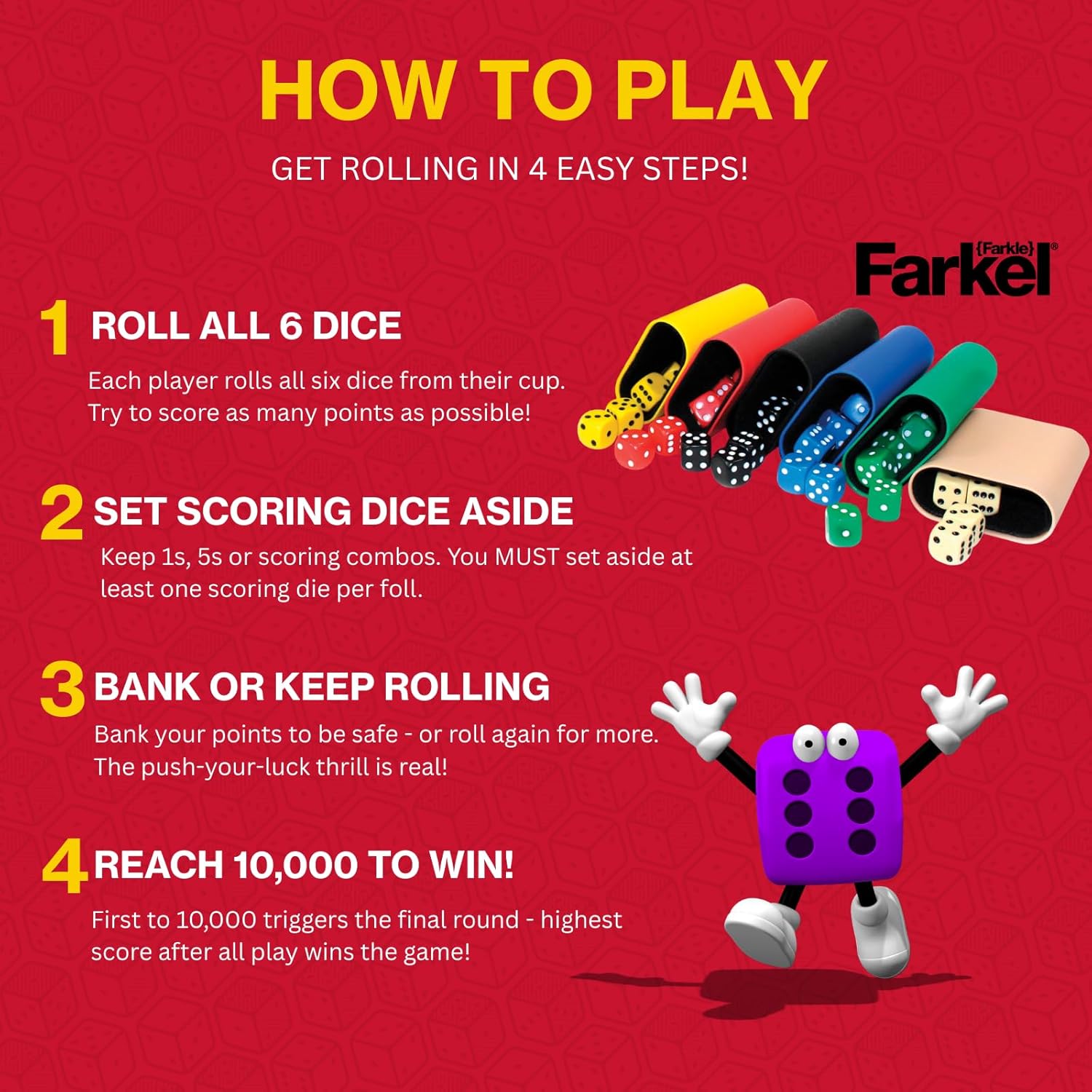Farkel Party Classic Dice Game | Official Licensed Farkle Set | 36 Dice, 6 Cups, Score Sheets & Storage Tin | Travel Dice Game for Family Game Night | 2+ Players, Ages 8+