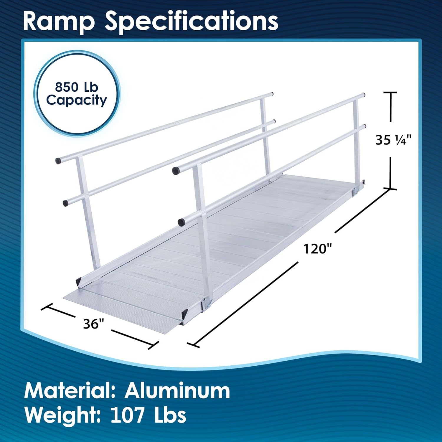 10' Wheelchair Ramp for Home Steps, 850 lb Capacity, Handrails, Non-Slip, Entry Access for Mobility Scooters, Power Chairs, 36" W, Silver Spring