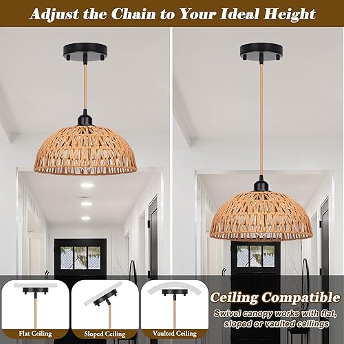 Miniatura 4 de Lámpara colgante de ratán, paquete de 2 unidades, 12.2 pulgadas, estilo bohemio, tejida en cesta, lámpara colgante de mimbre hecha a mano, lámpara