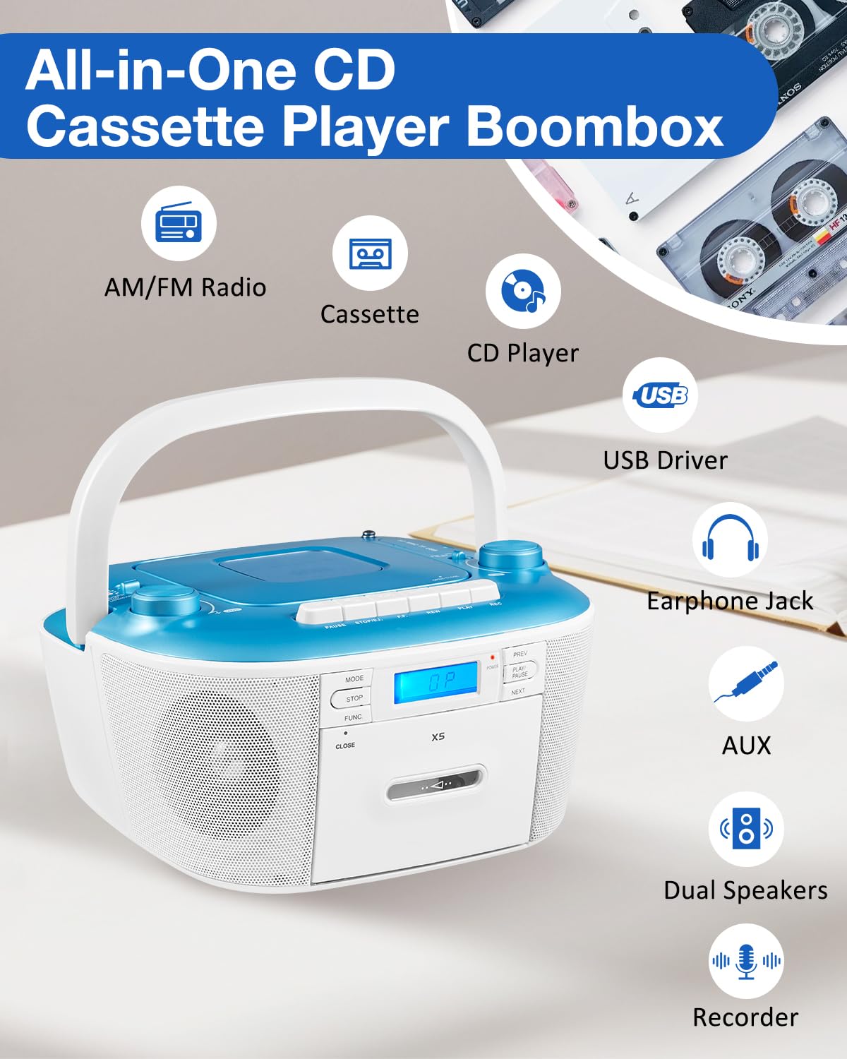 Gelielim Combo de reproductor de casete de CD, radio portátil AM/FM para el hogar, sonido estéreo, recración de cinta, unidad AUX/TF/USB, alimentación CA/CC, conector para auriculares, interior y