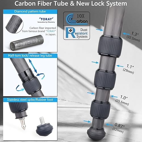 Miniatura 4 de Trípode de fibra de carbono con cabeza esférica de perfil bajo, tubo de carbono de 10 capas, trípode de viaje portátil resistente, 72.6 pulgadas -