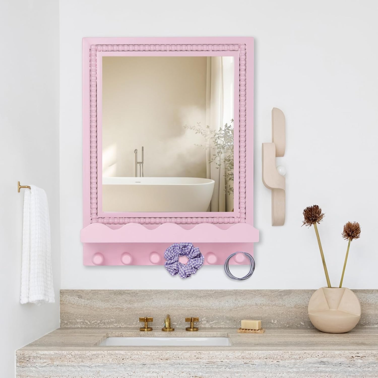 Tirzah 16x12 Inch Wall Mount Beaded Wood Framed Mirror with Shelf and 6 Hooks, Pink Decorative Entryway Mirror with Storage for Laundry Room, Bathroom, Bedroom