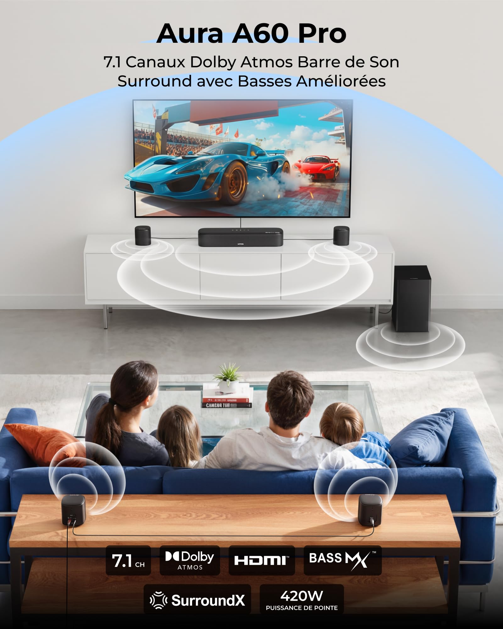 ULTIMEA 7.1ch Système Audio Surround, Barre de Son TV Dolby Atmos avec 4 Haut-parleurs Surround, 420W Puissance Max, VoiceMX, BassMX, HDMI eARC, Contrôle Via App, Aura A60 Pro, Modèle 2026