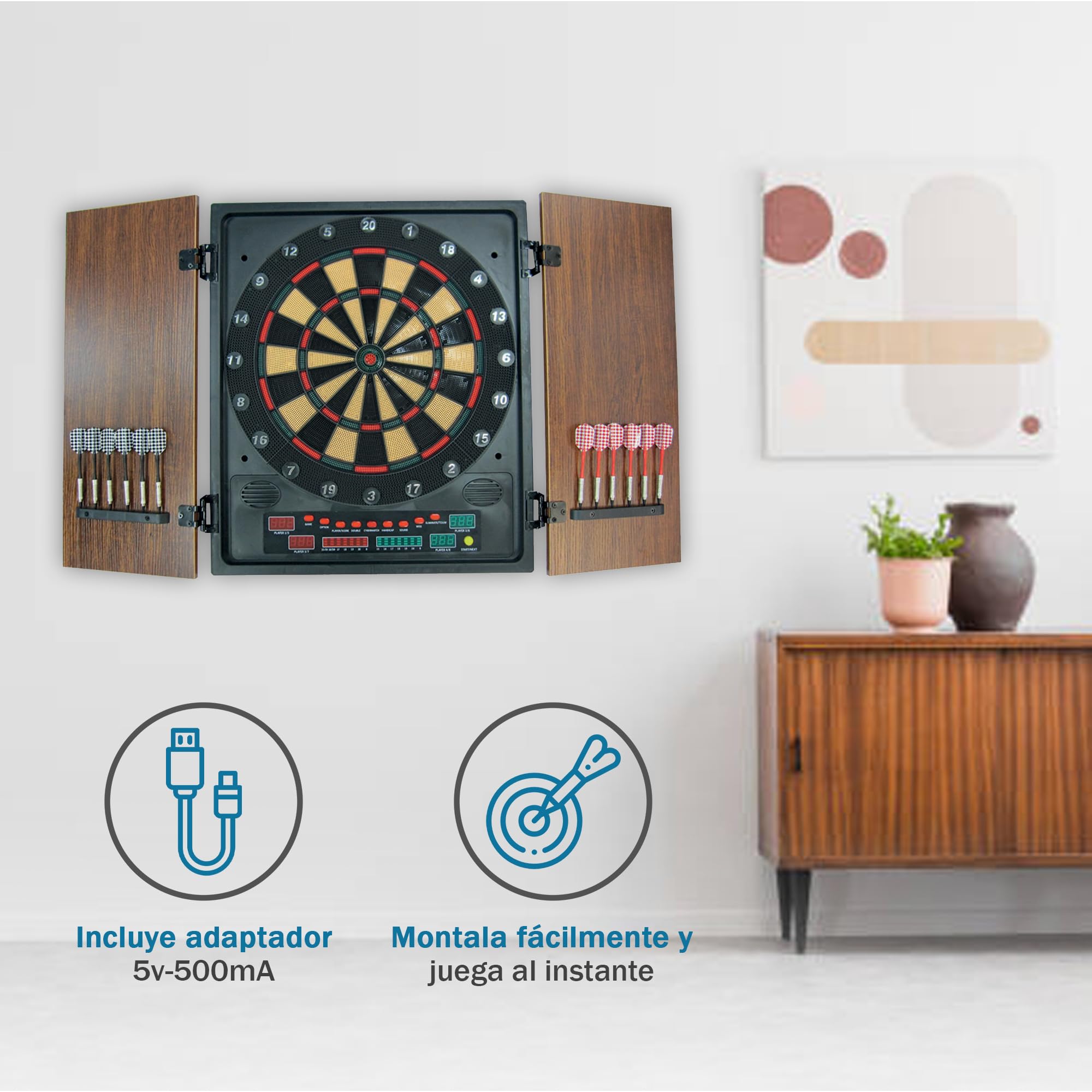 Diana Electrónica Eros | Diana con Puertas de Madera y Pantalla LED | 27 Juegos y 202 Variaciones | Multijugador hasta 8 Jugadores | Incluye 12 Dardos y Adaptador