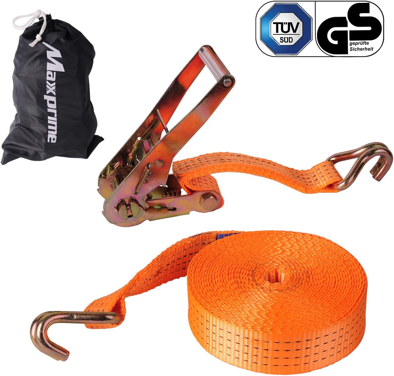 Premium Ratchet Tie Down, Maxxprime 33โ x 2โ 10, 000 lbs Rated Capacity Tie-Down Ratcheting Cargo Truck Straps with Double J-Hooks - German Quality