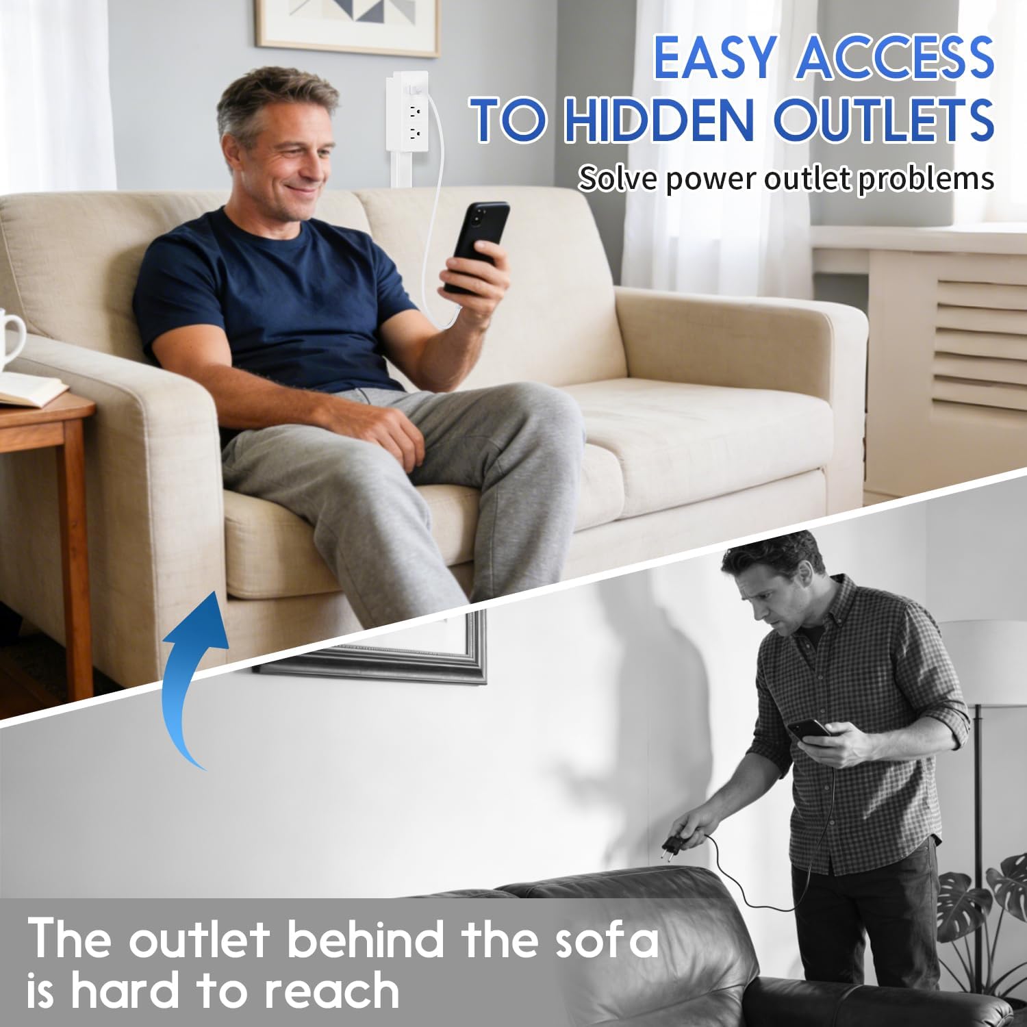 Outlet Extender Stick, Electric Outlet Extender Stretch from 17.7" to 27.6" & Rotate 180°, Easy Access to Hard to Reach Spaces Behind Sofas & Nightstands