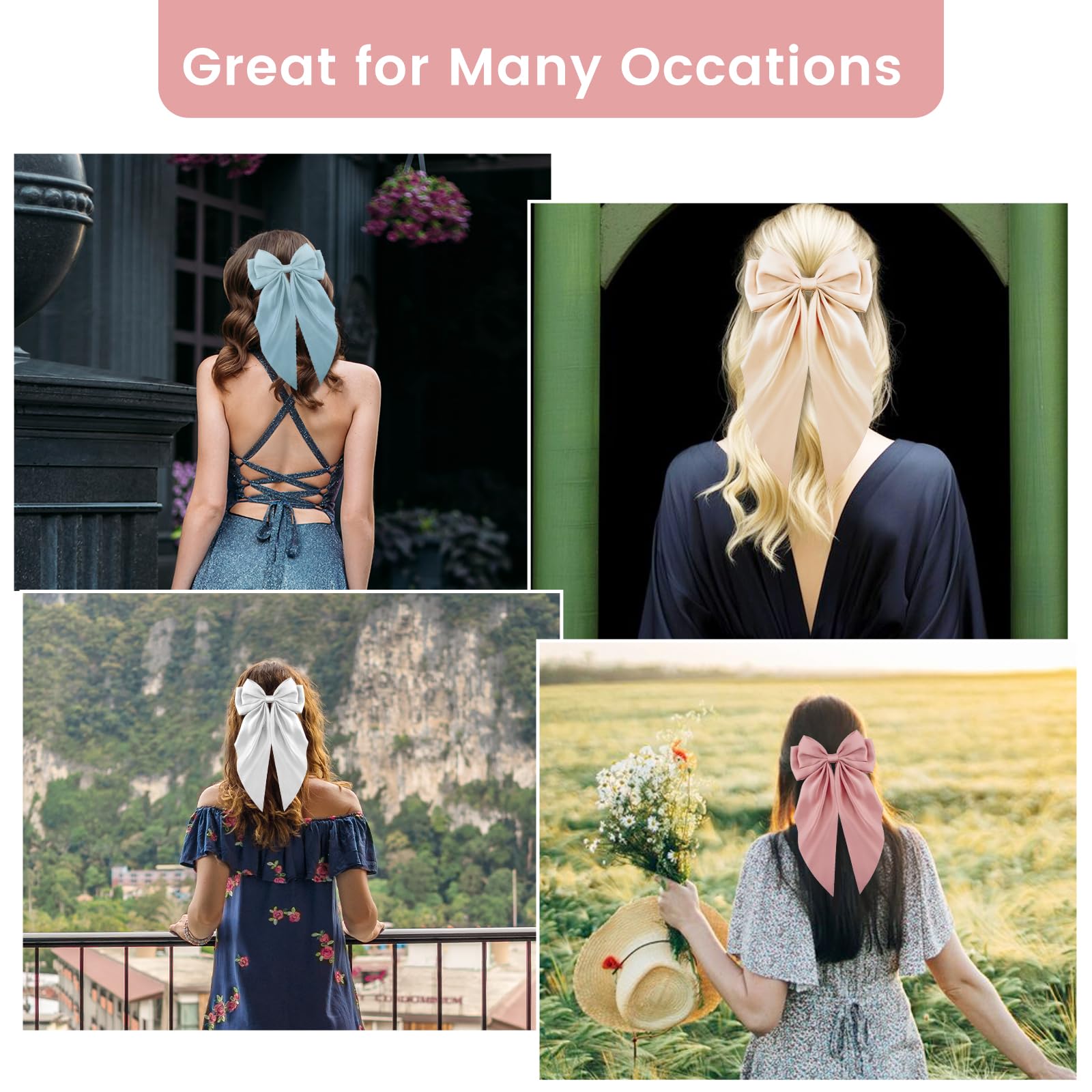TUBIAN 10 lazos grandes de satén para el cabello para mujeres y niñas, pinzas para el pelo de cola larga, cintas de gran tamaño, pasadores de lazo para cabello grueso y fino, accesorios elegantes para