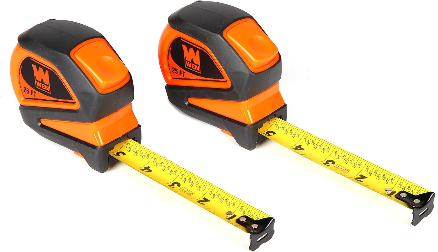 WEN Tape Measure, 25 Ft. Measuring Tape with Automatic Brake and Dual-Release Triggers, Two Pack (ME425T-2)