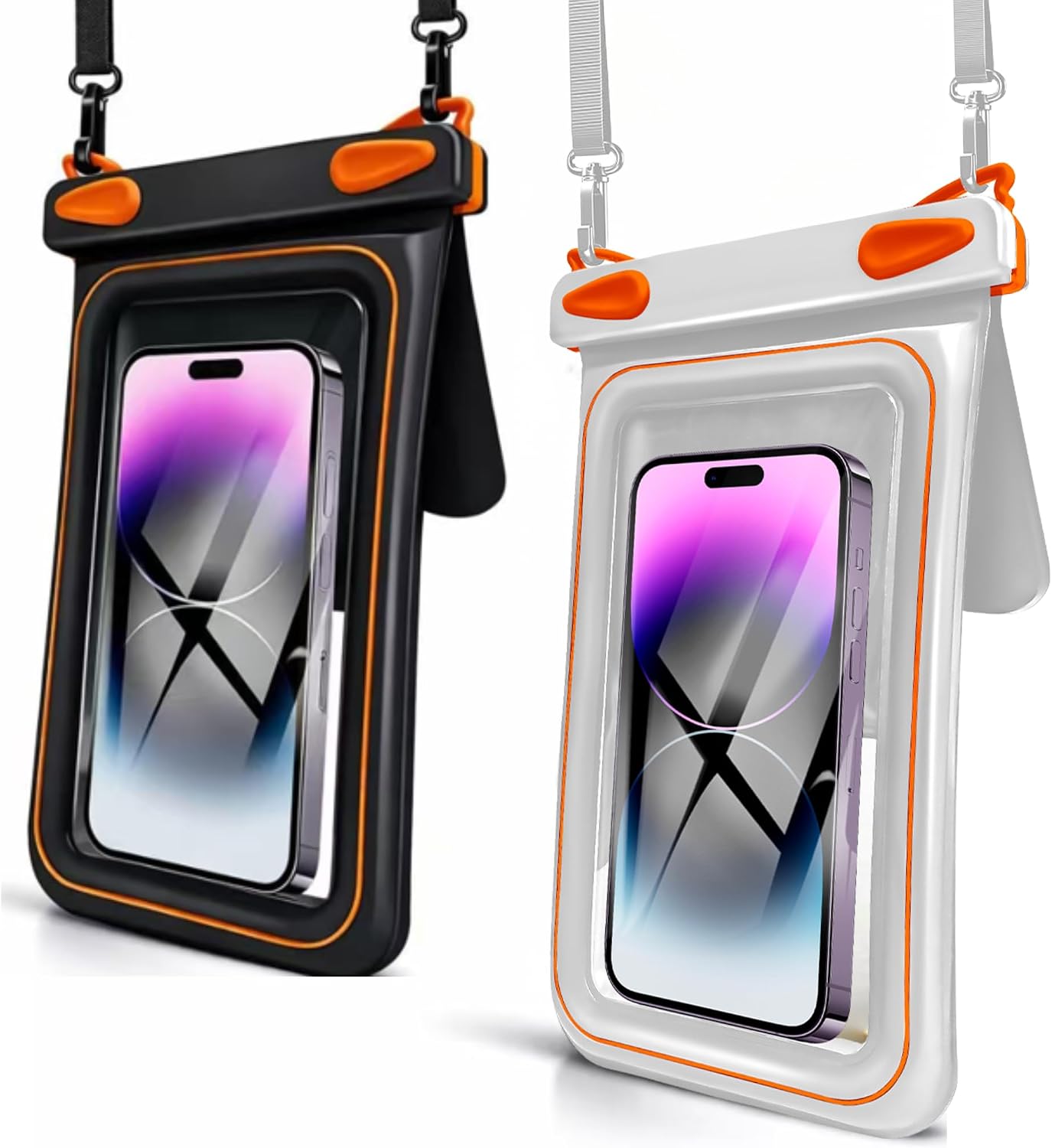 2 Pack Floating Phone Pouch with Dual Compartments, IPX8 Rated Waterproof Case for Rain, Beach, Boating & Kayaking, Clear Touch Screen, Fits Phones Up to 8.5”(Black-White)