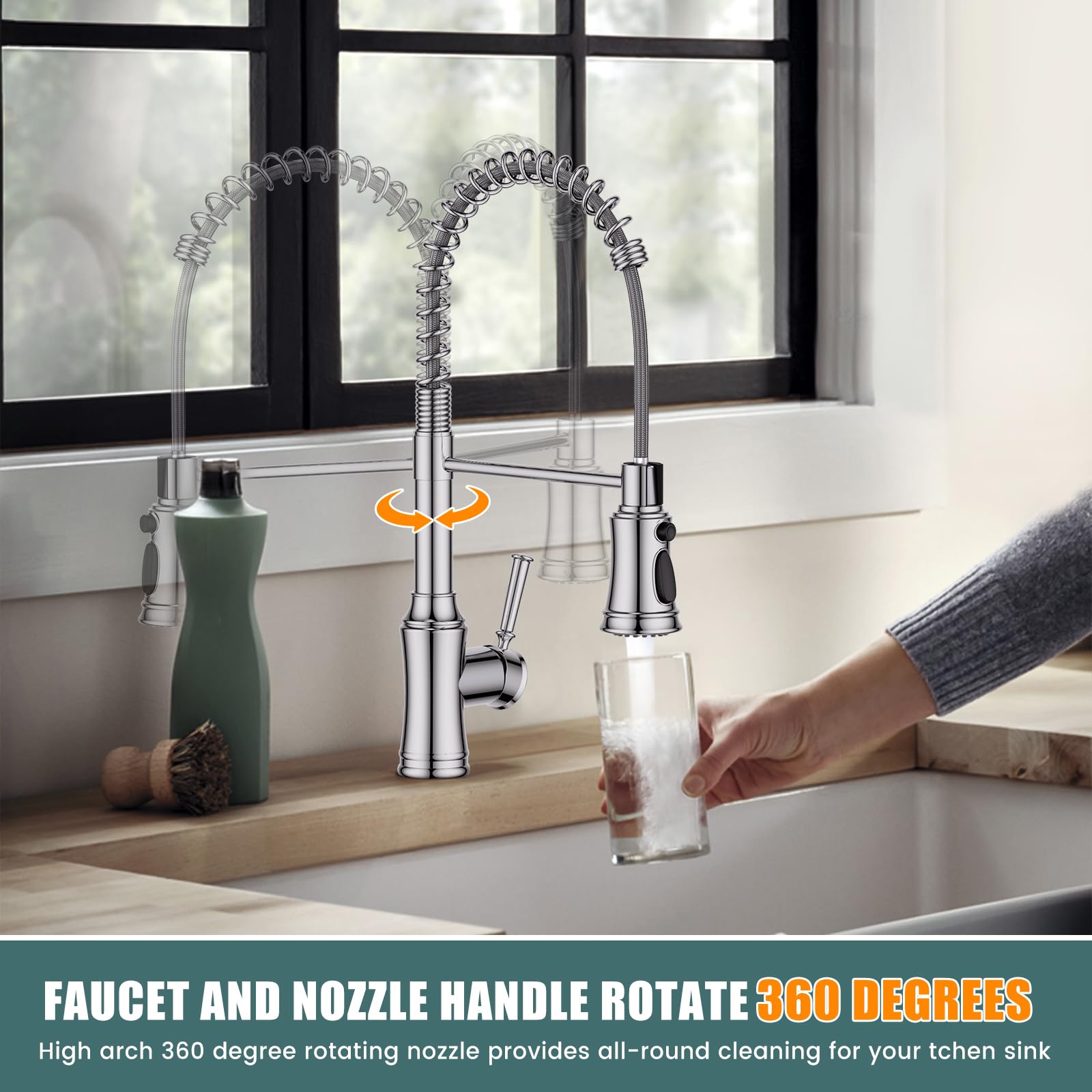 HURRAN Rubinetto Cucina Cromo, Rubinetto Lavello Cucina con 3 Modalità di Spruzzo, Rubinetto Lavello Cucina ad Arco Alto Estraibile con Rotazione a 360°per Lavelli da Cucina, Acciaio Inox