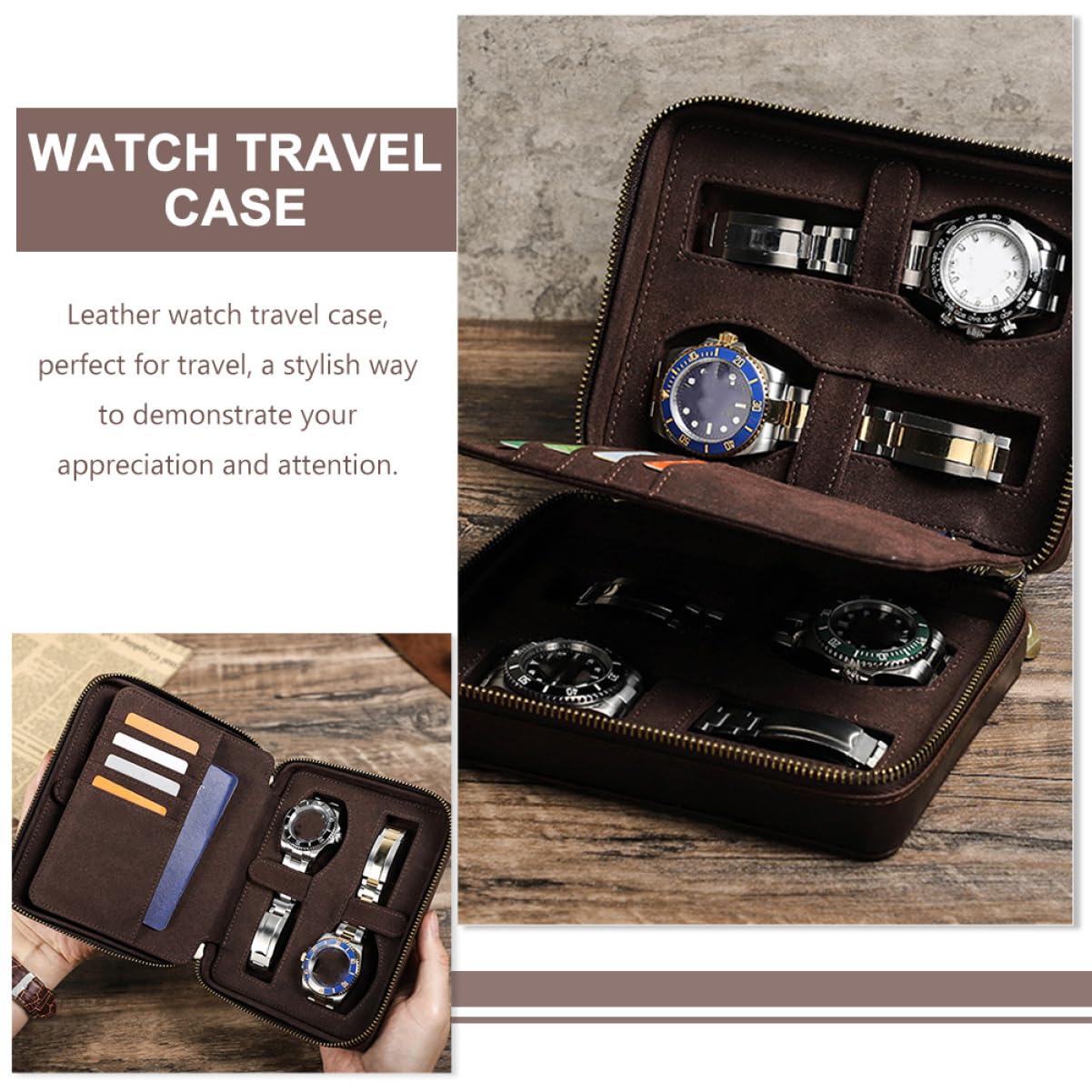 Caja de cuero para relojes con 4 compartimentos para hombres y mujeres, estuche de viaje de estilo vintage con cierre de cremallera y compartimentos laterales, ideal para organizar relojes y tarjeta